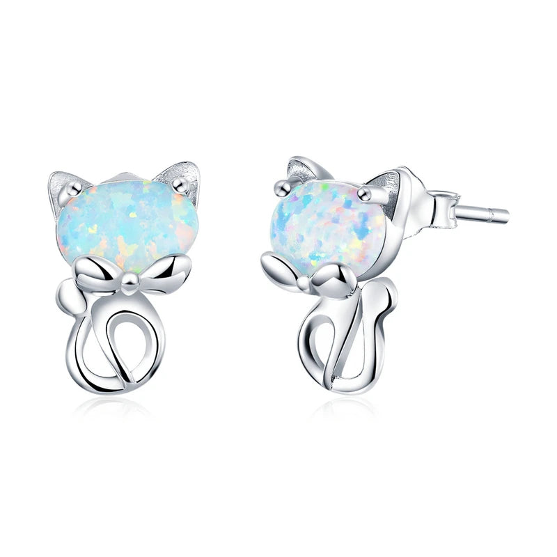 Opal Face Cat Sterling Silver Earrings