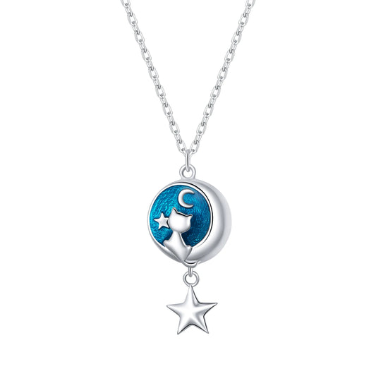 Cat & Moon Blue Enamel Night Sky Sterling Silver Plated Platinum Necklace