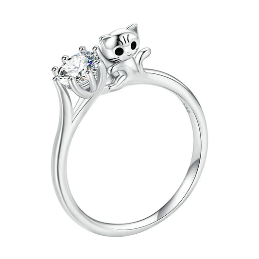 Hugging Cat Zirconia Gemstone Silver Sterling Plated Platinum Ring