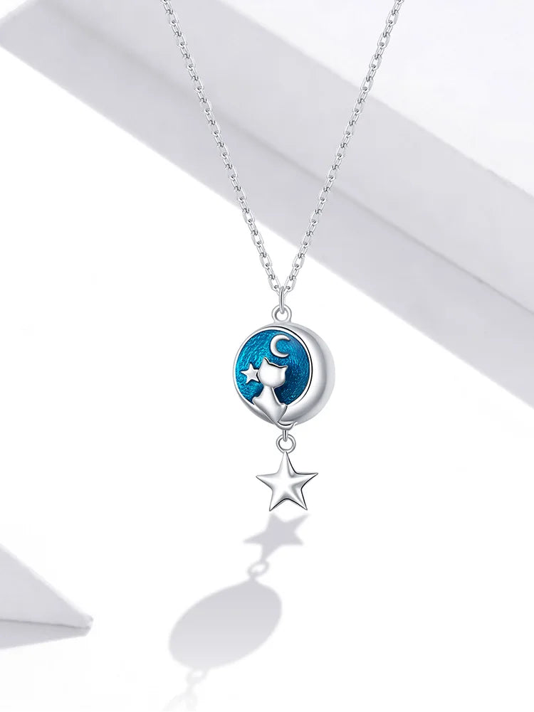 Cat & Moon Blue Enamel Night Sky Sterling Silver Plated Platinum Necklace