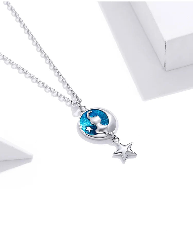 Cat & Moon Blue Enamel Night Sky Sterling Silver Plated Platinum Necklace