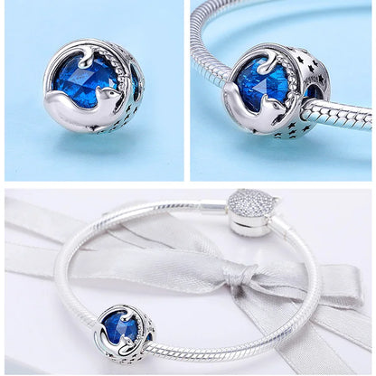 Cat & Blue Starry Night Sky Sterling Silver Charm