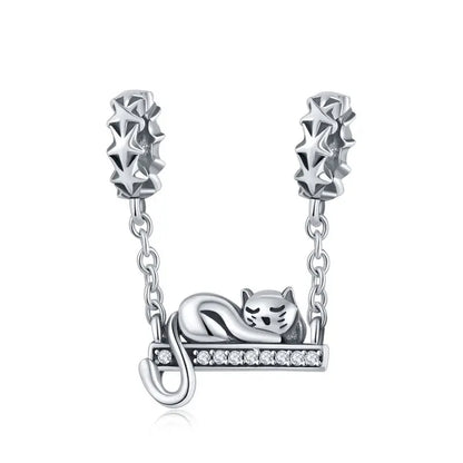 Sleeping Cat Swing Sterling Silver Pendant Charm