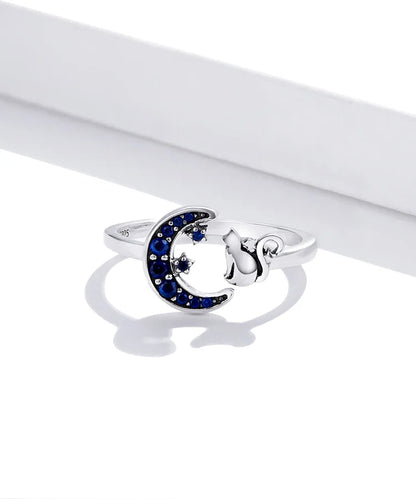 Cat & Moon Night Sky Sterling Silver Blue Zircon Ring