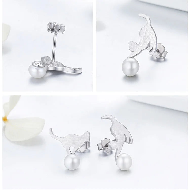 Playful Cat Pearl Sterling Silver Earrings