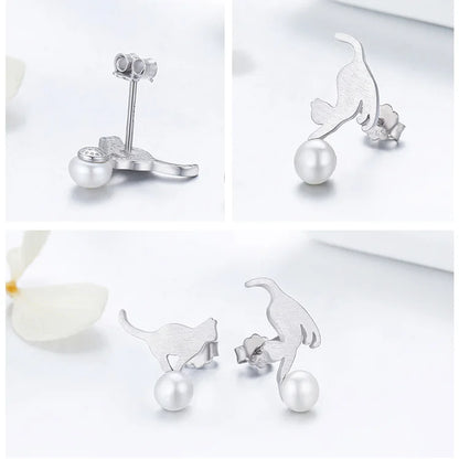 Playful Cat Pearl Sterling Silver Earrings