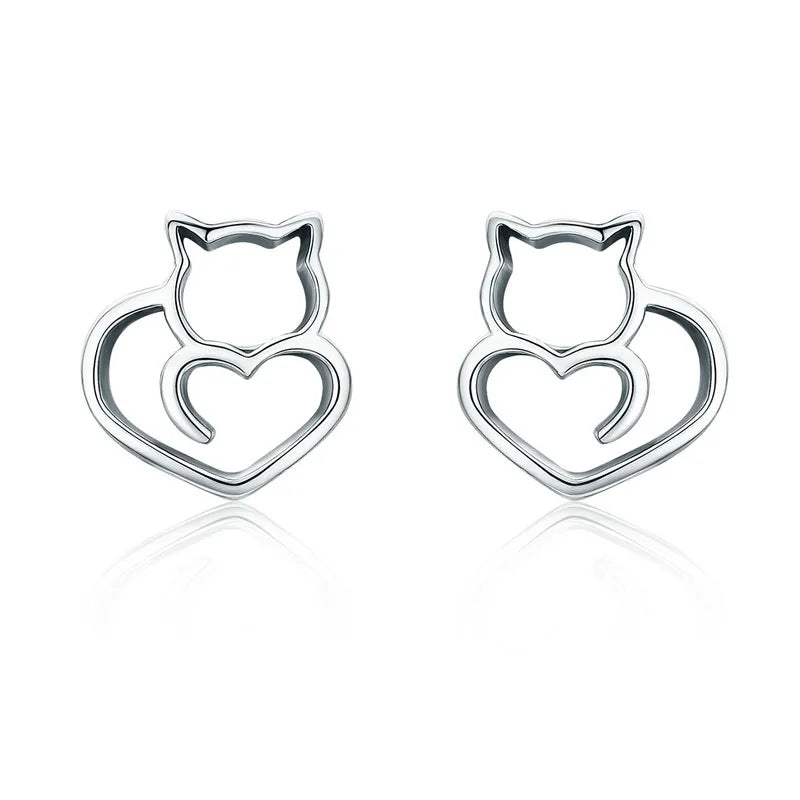 Cat Heart Polished Sterling Silver Earrings