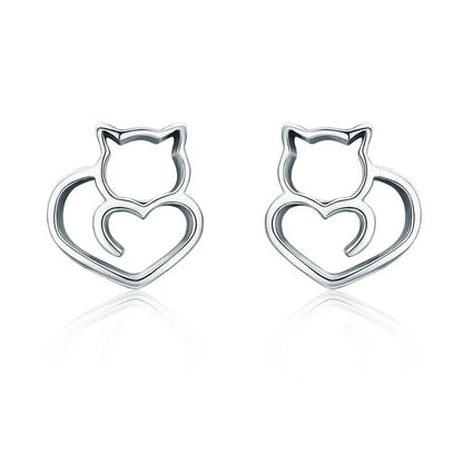 Cat Heart Polished Sterling Silver Earrings