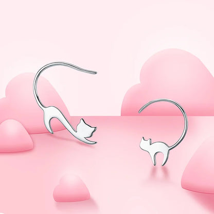 Playful Cat Hanging Tail Sterling Silver Drop Earrings