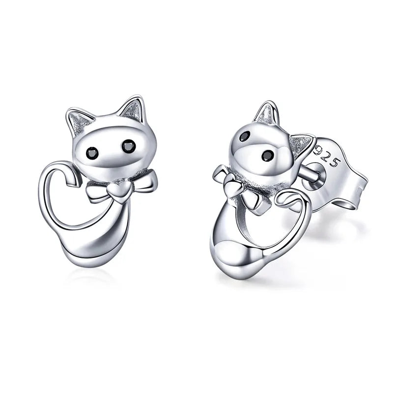 Cat Bow Tie Sterling Silver Stud Earrings