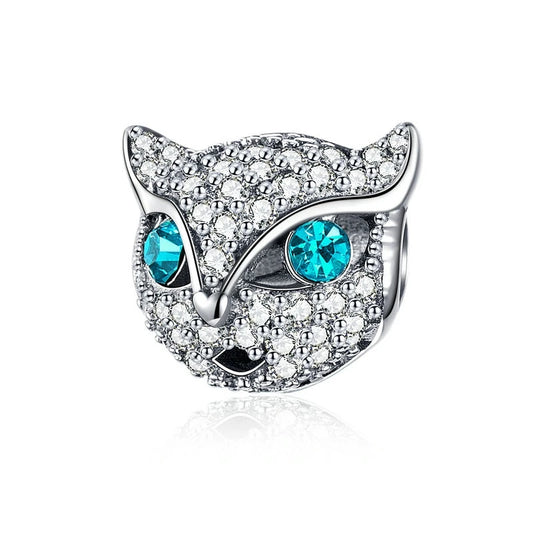 Cat Head with Aquamarine Blue Eyes Zirconia Gemstone Sterling Silver Charm