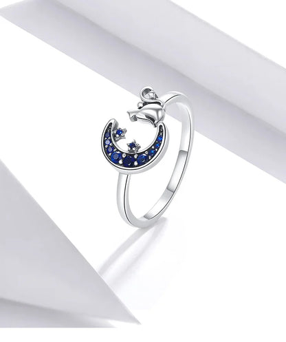 Cat & Moon Night Sky Sterling Silver Blue Zircon Ring