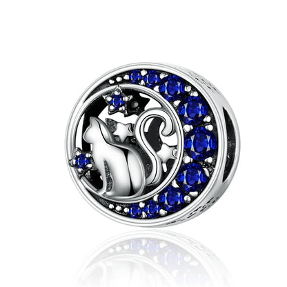 Cat & Moon Night Sky Sterling Silver Zirconia Gemstones Charm