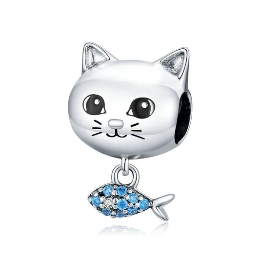 Cute Kitty with Ocean Blue Zirconia Fish Collar Sterling Silver Charm