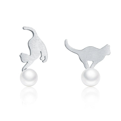 Playful Cat Pearl Sterling Silver Earrings