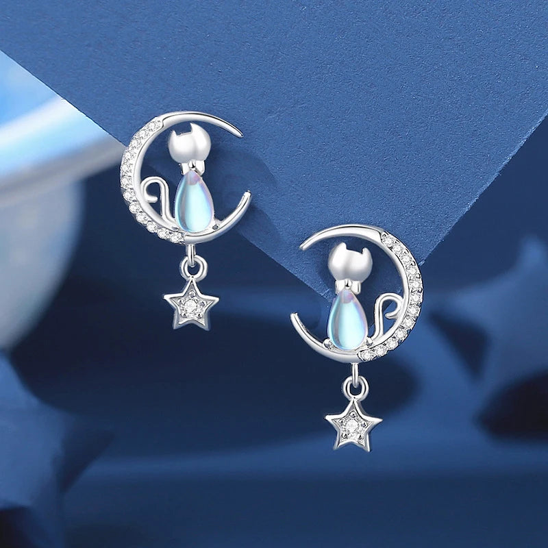 Cat & Moon Star Sterling Silver with Blue Zircon Gemstone Earrings