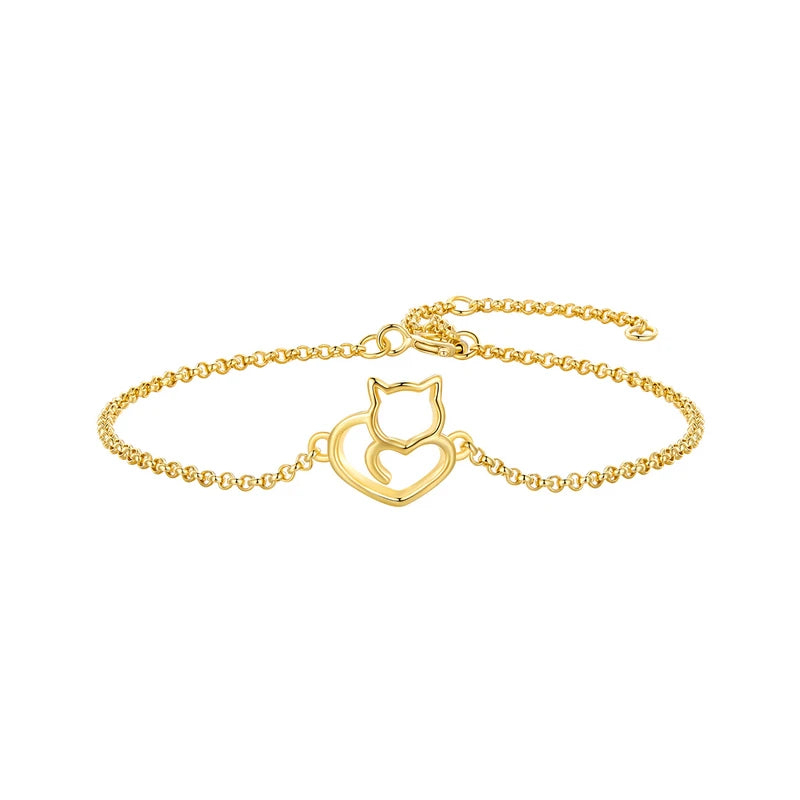 Cat Heart Sterling Silver Plated Gold Bracelet