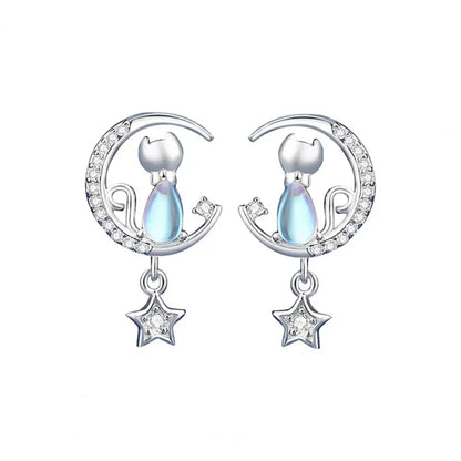 Cat & Moon Star Sterling Silver with Blue Zircon Gemstone Necklace Earrings Bracelet Jewellery Set