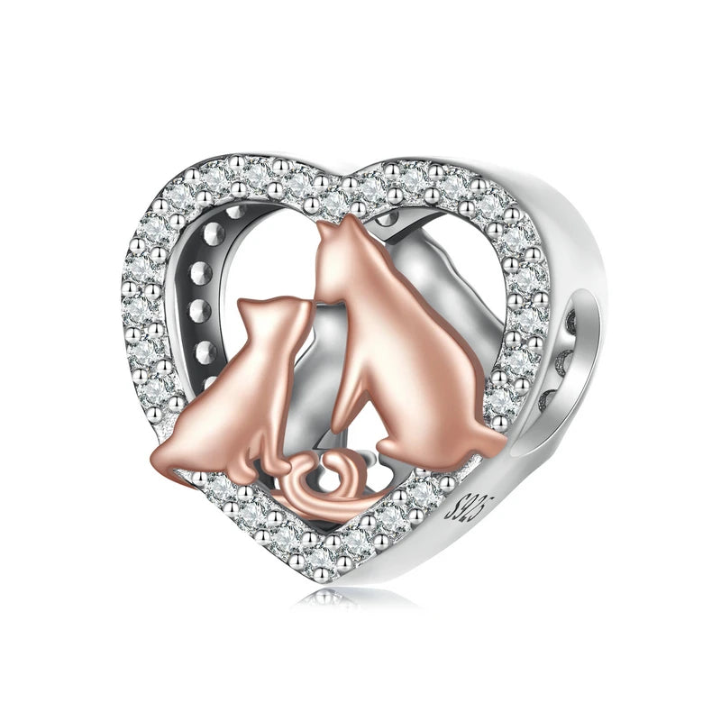 Kissing Cats Love Heart Sterling Silver Plated Platinum Rose Gold Charm