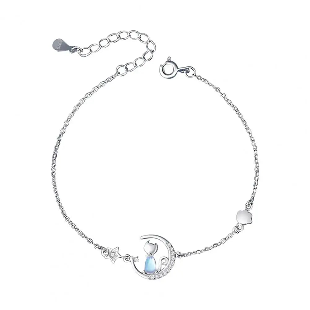 Cat & Moon Star Sterling Silver with Blue Zircon Gemstone Necklace Earrings Bracelet Jewellery Set