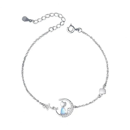 Cat & Moon Star Sterling Silver with Blue Zircon Gemstone Bracelet