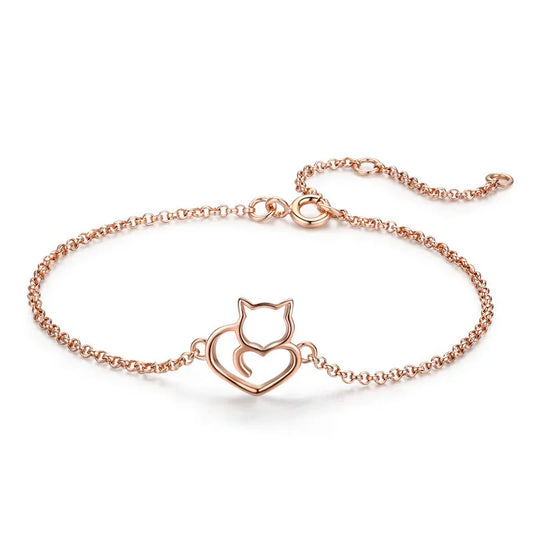 Cat Heart Sterling Silver Rose Gold Bracelet