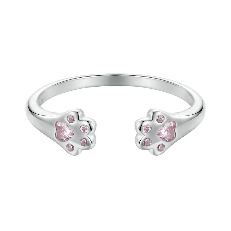 Pink Cat Paws Plated White Gold Sterling Silver Ring