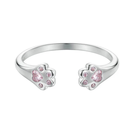 Pink Cat Paws Plated White Gold Sterling Silver Ring