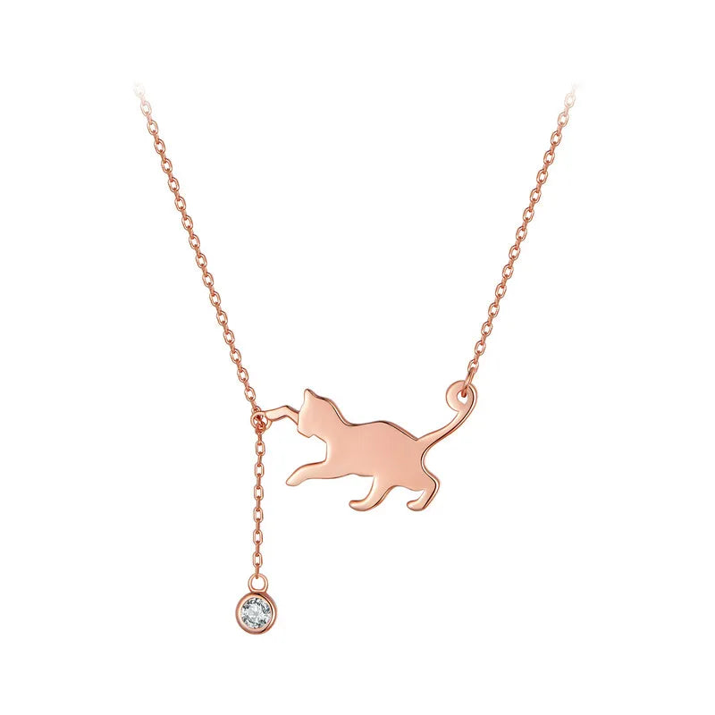 Playful Cat with Hanging Zirconia Gemstone Sterling Silver Plated Rose Gold Necklace