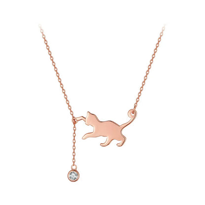 Playful Cat with Hanging Zirconia Gemstone Sterling Silver Plated Rose Gold Necklace