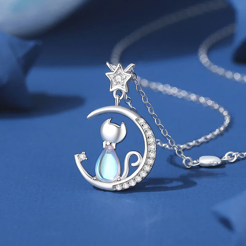 Cat & Moon Star Sterling Silver with Blue Zircon Gemstone Necklace Earrings Bracelet Jewellery Set