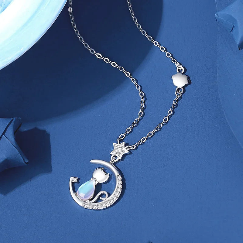 Cat & Moon Star Sterling Silver with Blue Zircon Gemstone Necklace