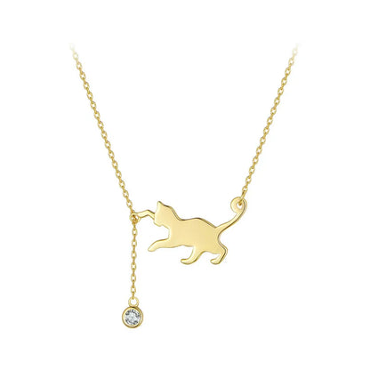 Playful Cat with Hanging Zirconia Gemstone Sterling Silver Plated Gold Necklace