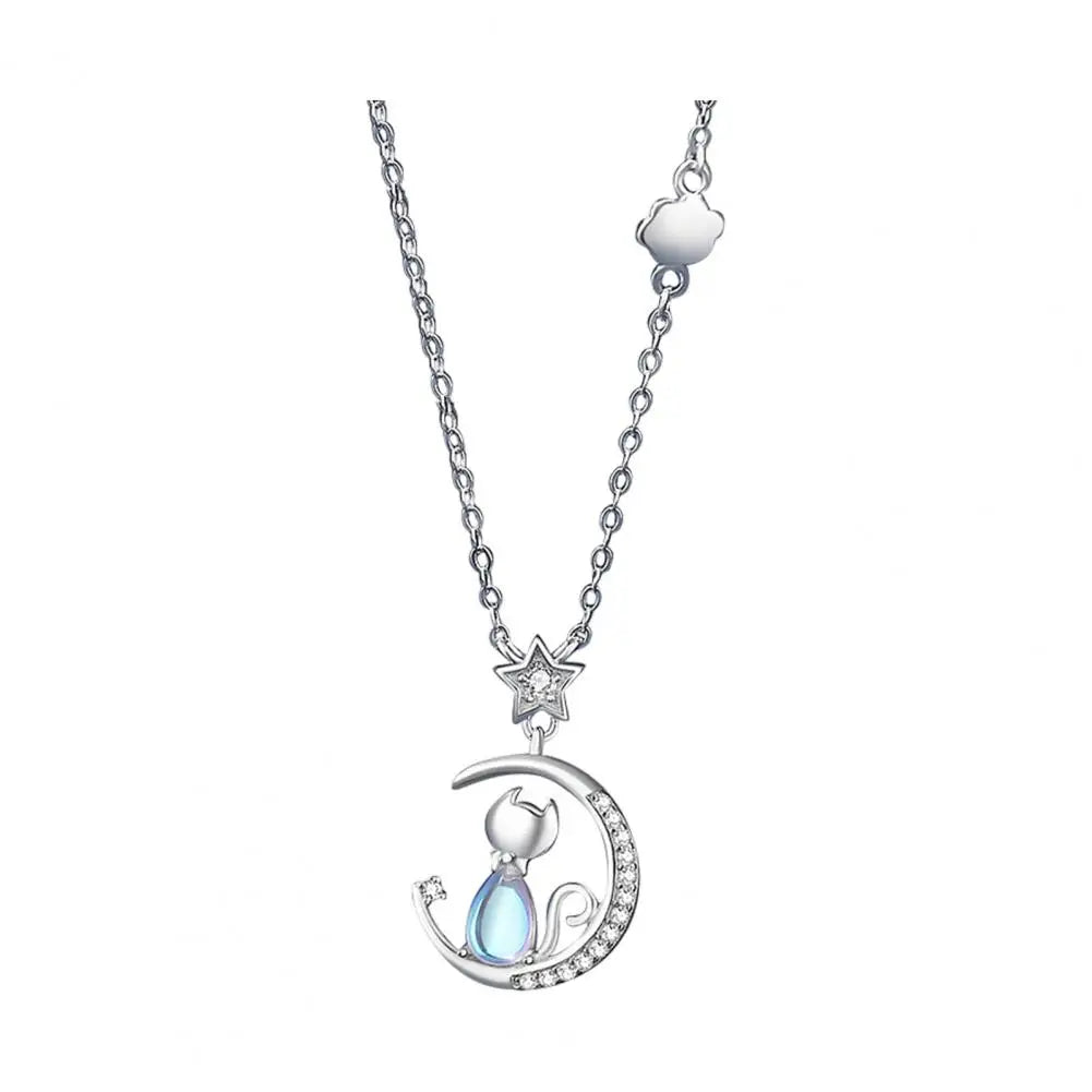 Cat & Moon Star Sterling Silver with Blue Zircon Gemstone Necklace Earrings Bracelet Jewellery Set