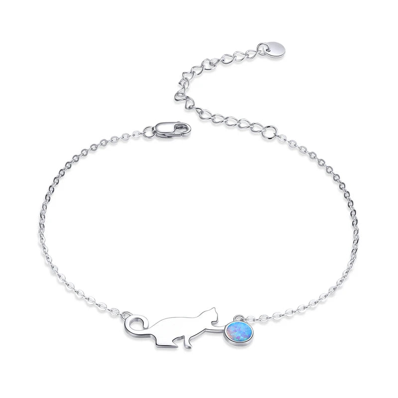 Opal Playing Cat Plated Platinum Sterling Silver Bracelet