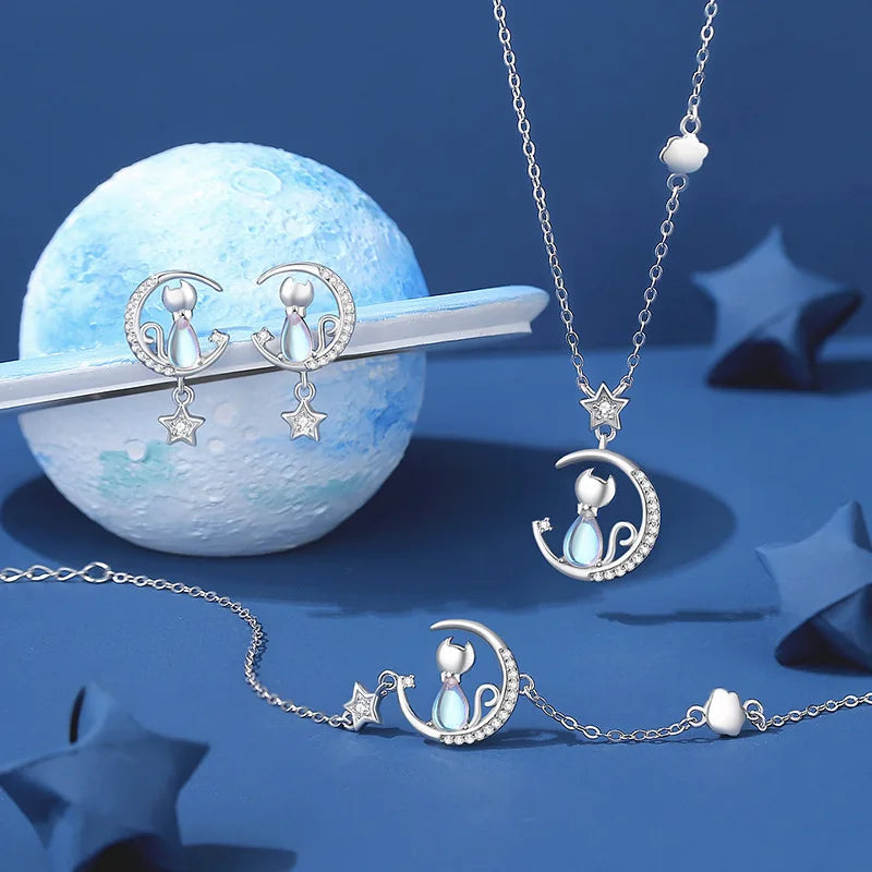 Cat & Moon Star Sterling Silver with Blue Zircon Gemstone Necklace Earrings Bracelet Jewellery Set