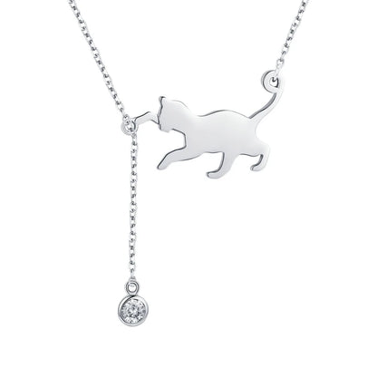 Playful Cat with Hanging Zirconia Gemstone Sterling Silver Plated Platinum Necklace