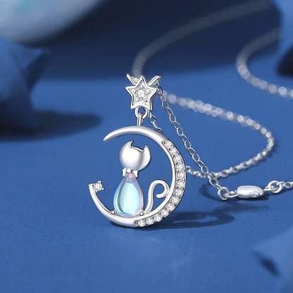 Cat & Moon Star Sterling Silver with Blue Zircon Gemstone Necklace