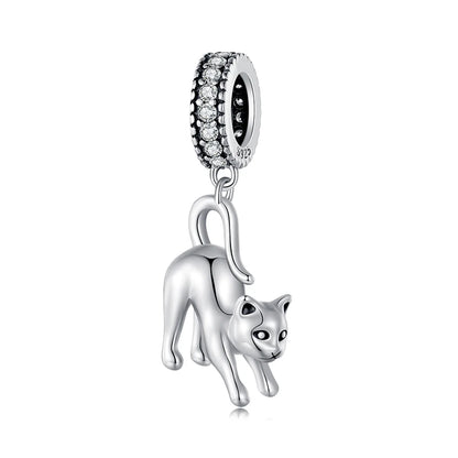 Tail Hanging Cat Zirconia Gemstone Sterling Silver Pendant Charm