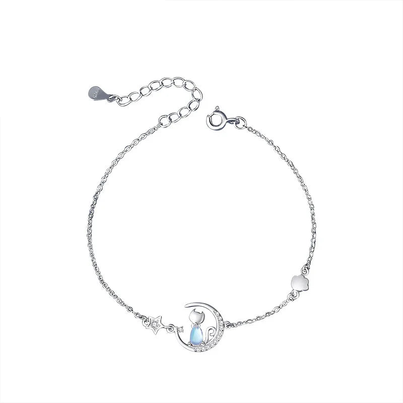 Cat & Moon Star Sterling Silver with Blue Zircon Gemstone Bracelet