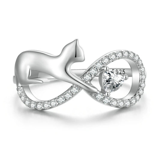 Sparkling Infinity Cat Zircon Gemstone Sterling Silver Ring