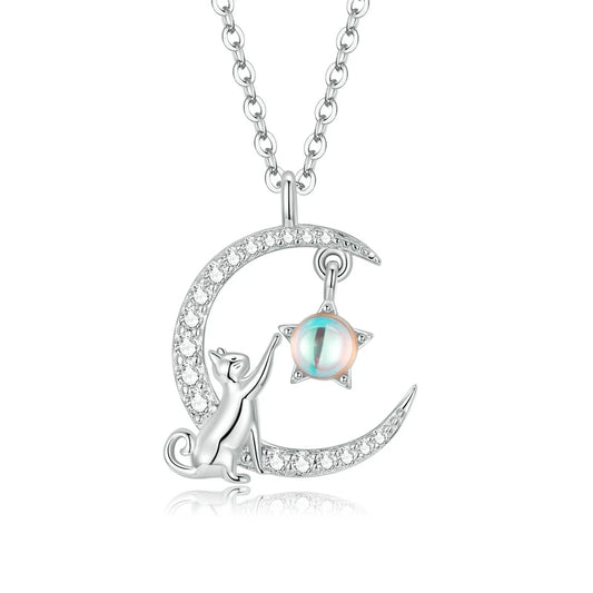 Cat and Moon Silver Sterling with Zircon Gemstones Platinum Plated Necklace