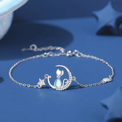 Cat & Moon Star Sterling Silver with Blue Zircon Gemstone Bracelet