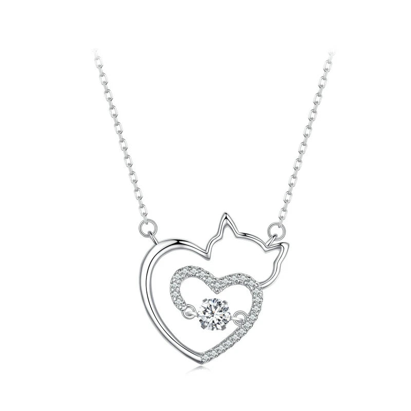 Cat Heart Sterling Silver with Zircon Gemstone Plated Platinum Necklace