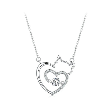 Cat Heart Sterling Silver with Zircon Gemstone Plated Platinum Necklace