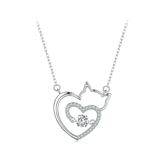 Cat Heart Sterling Silver with Zircon Gemstone Plated Platinum Necklace