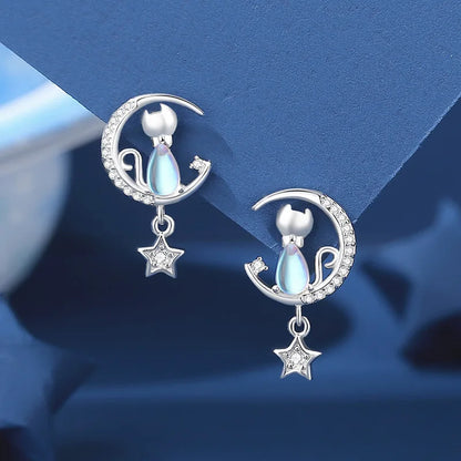 Cat & Moon Star Sterling Silver with Blue Zircon Gemstone Necklace Earrings Bracelet Jewellery Set