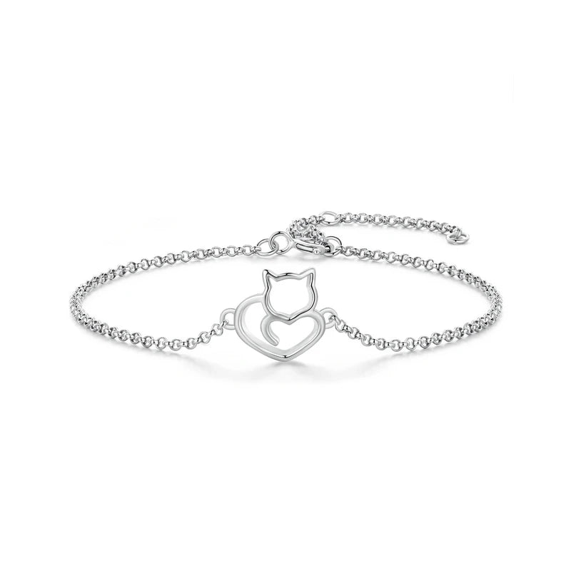 Cat Heart Sterling Silver Plated Platinum Bracelet