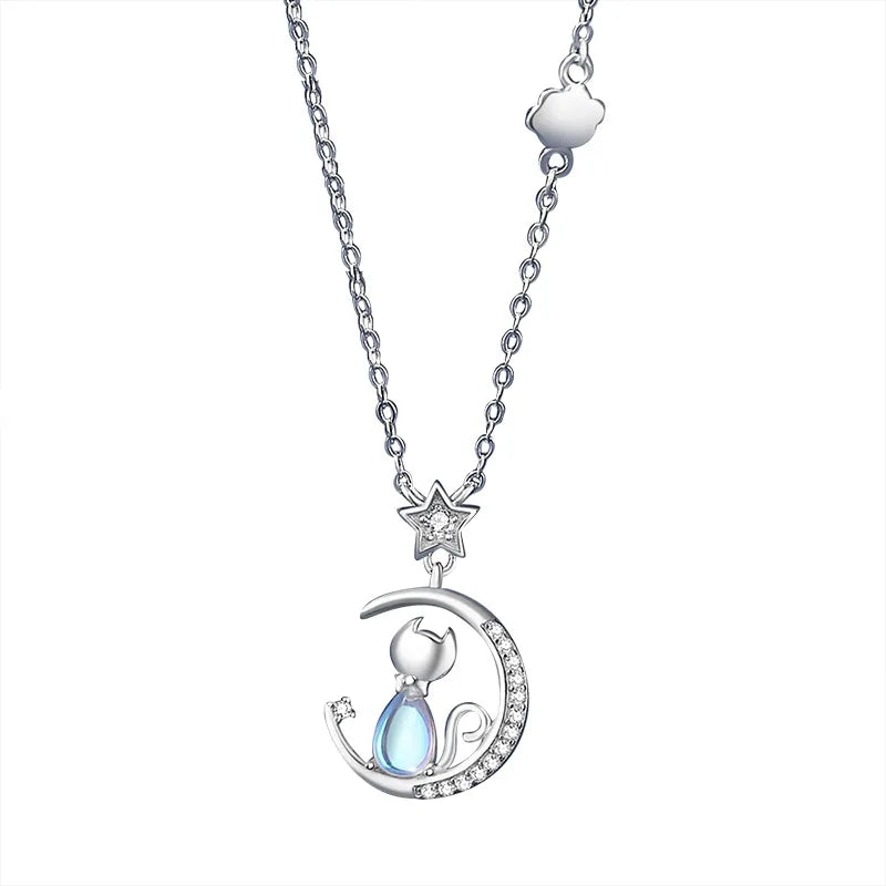 Cat & Moon Star Sterling Silver with Blue Zircon Gemstone Necklace