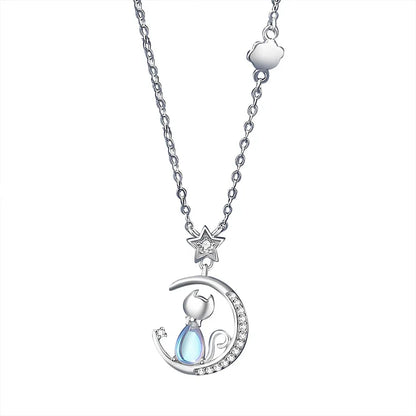 Cat & Moon Star Sterling Silver with Blue Zircon Gemstone Necklace